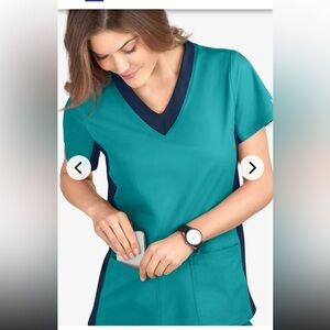 Butter-Soft Stretch Side Panel V-Neck Scrub Top in Teal and Navy, size XL